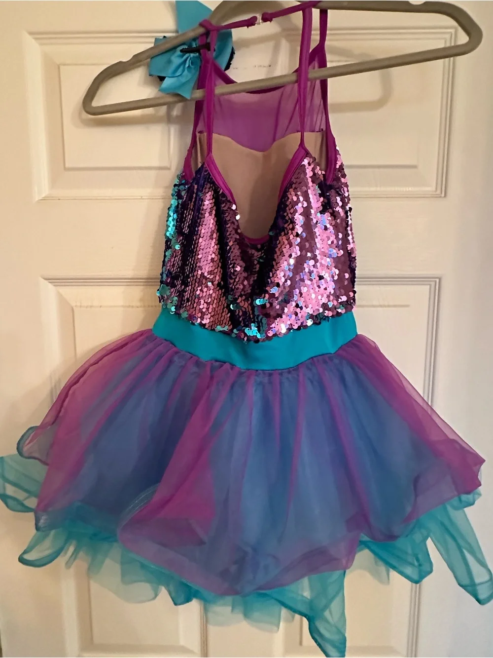 Weissman Girls Sequin Figure Skating/Dance Costume - Purple & Teal with Hair Bow